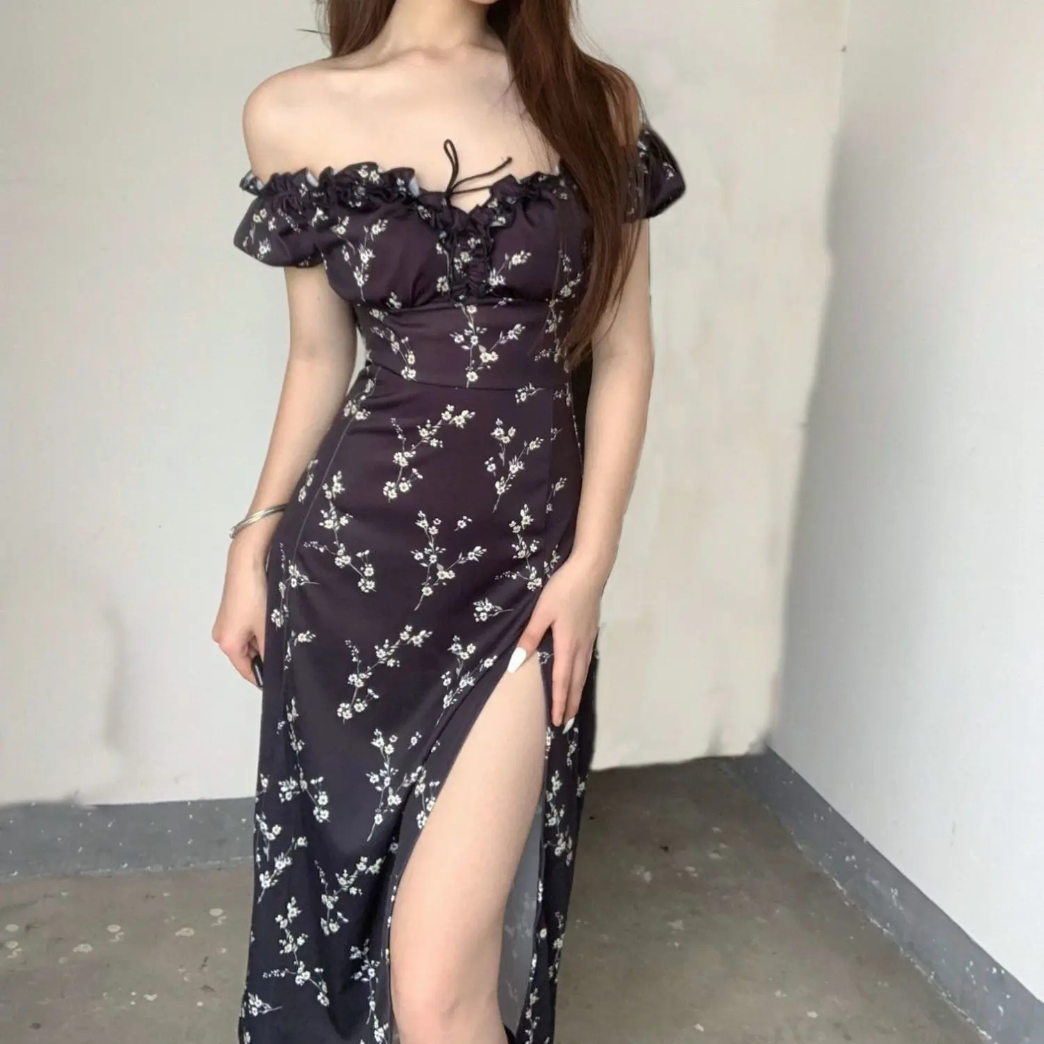 

French Floral Dress for Women Summer Off-the-shoulder Print Cinched Waist Puff Sleeves Lace Up Side Split Sexy Long Maxi Dresses