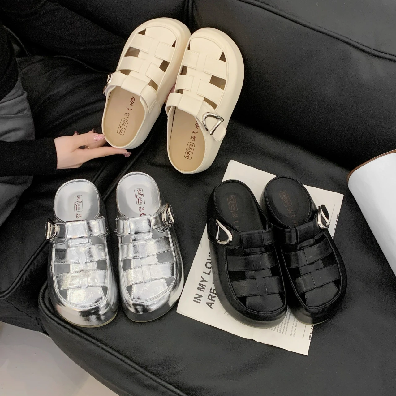 Women Hollow Out Woven Mules Closed Toe Buckle Thick Sole Slides Casual Outdoor Non Slip Platform Breathable Roman Style Sandals