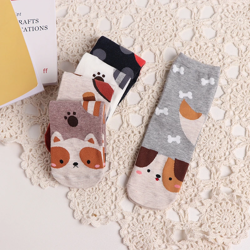 Spring Autumn Women Cute Crew Socks Kawaii Cartoon Animal Fox Dog Squirrel Raccoon Paw Print Funny Female Casual Mid Tube Socks