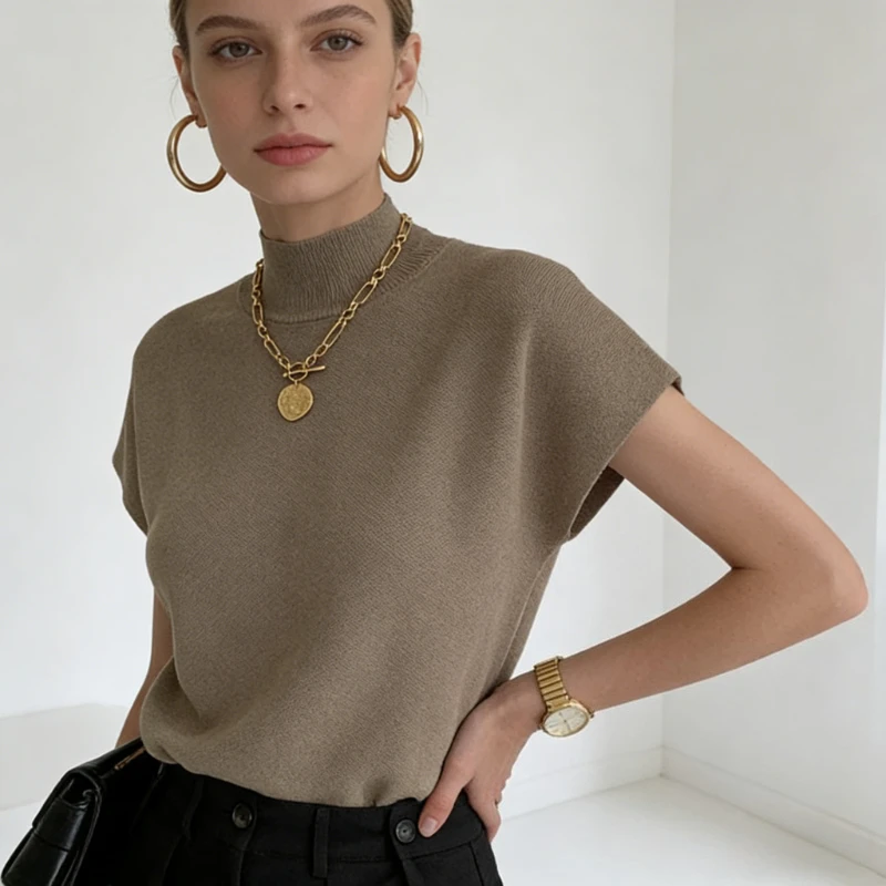 

Fashion New Spring and Summer Semi-turtleneck Solid Color Knitted Blouse Y2k Casual Slim-fitting Waist Short Women's T-shirt Top