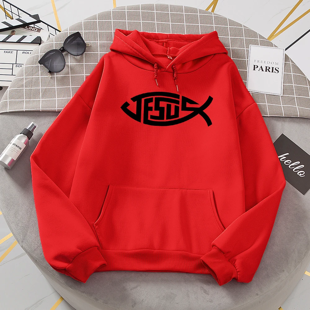 Jesus Little Fish Design Printed Tracksuit Women Classic Retro Fashion Hooded Fleece Warm Casual Clothes Loose Oversize Hoodies