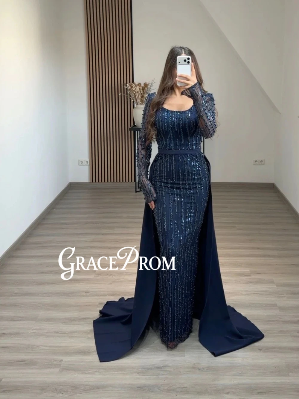 

Изысканное вечернее платье с длинными рукавами и пайетками темно-синего цвета, индивидуальный пошив, элегантное платье-русалка 2 в 1 для выпускного вечера и торжественных мероприятий