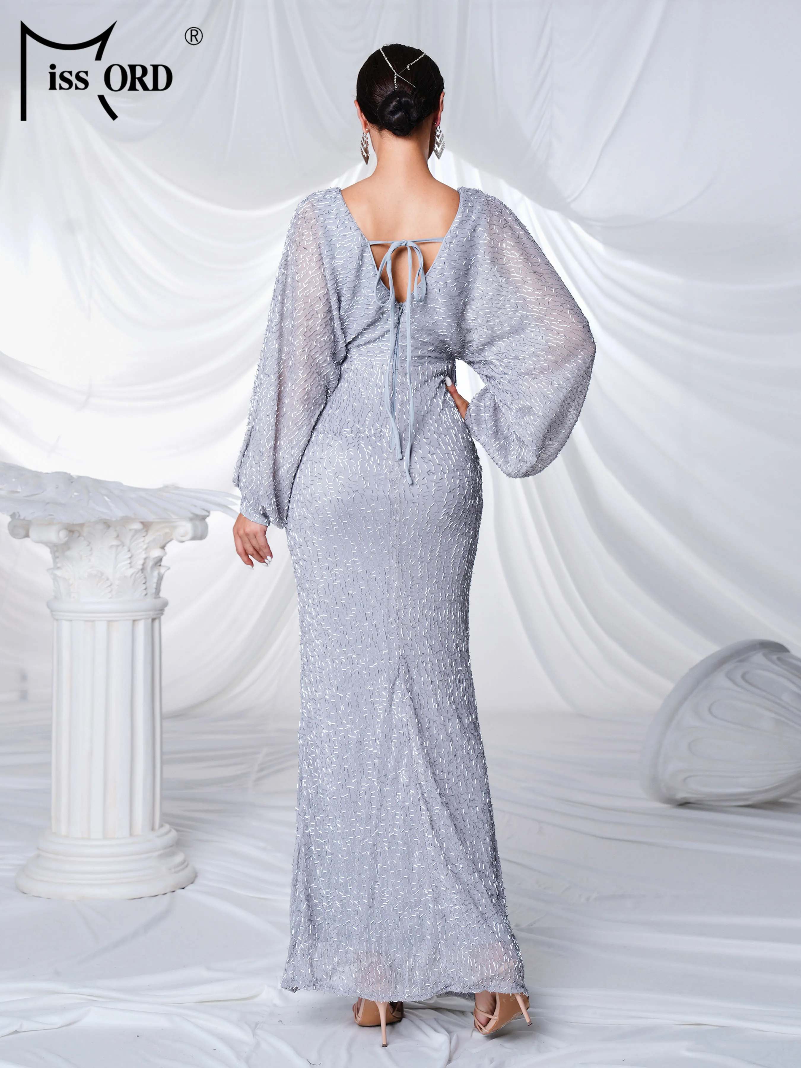 ミスオード ニューグレー Vネック ランタン袖 エレガント スリット入り イブニングドレス 結婚式 誕生日パーティー フォーマルな機会 卒業式 マキシドレス