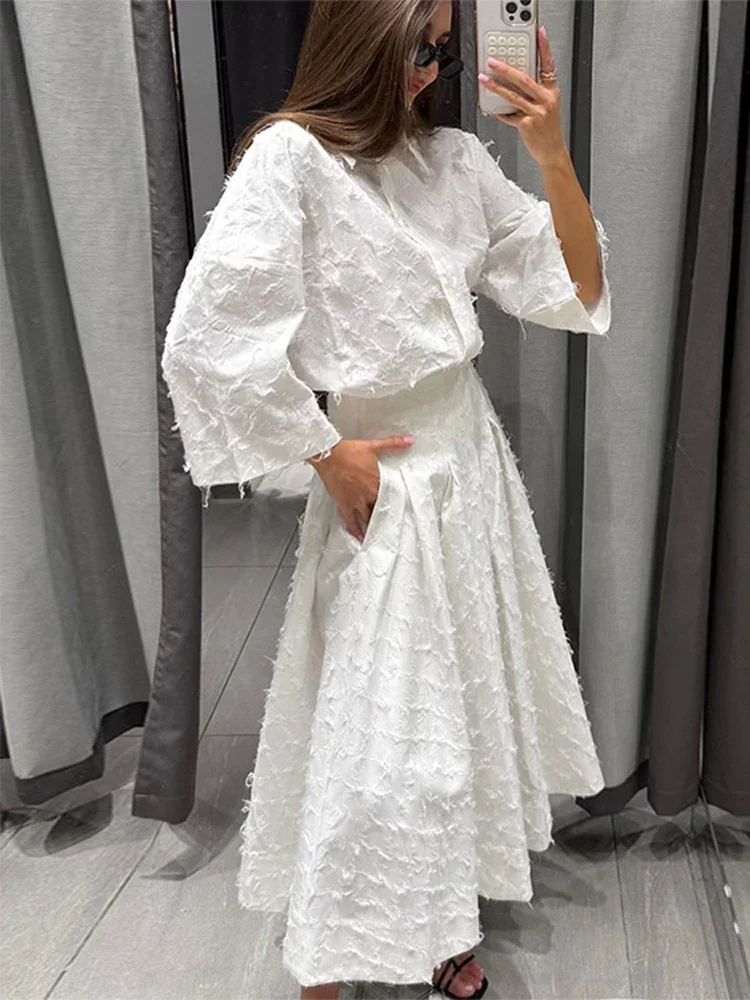 

2025 White Tassels Shirt Pleated Skirt Sets Women Fashion Lapel Long Sleeve Tops A-line Skirts Suit Summer Female Street Outfits
