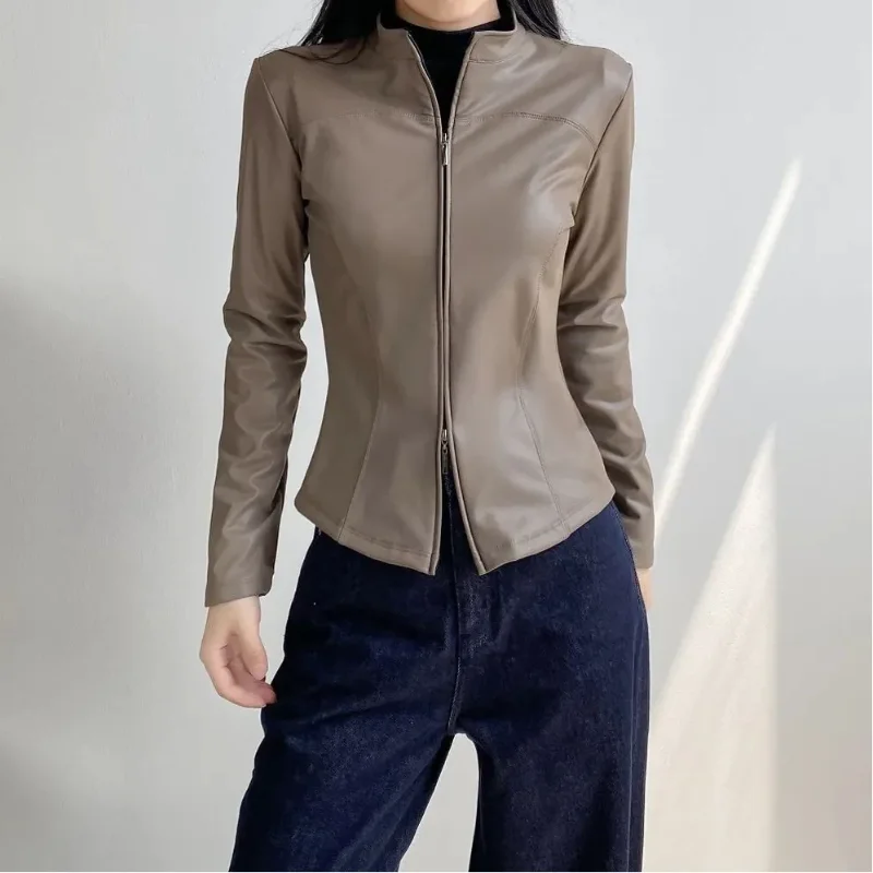 

Women's New Fleece Lined Brushed Liner Leather Jacket Autumn Slim Fit Waist Cinched Versatile Retro Outerwear Top