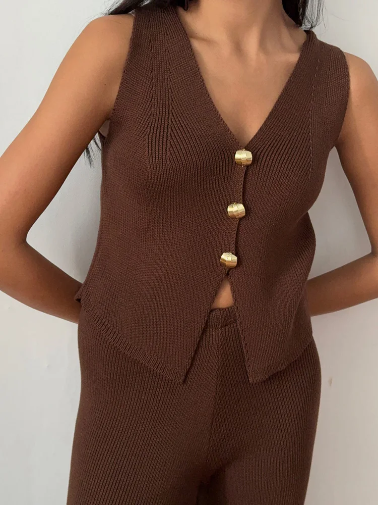 

2025 Spring Solid Rib Knitted Office Sets Women Elegant V Neck Button Tank Top & Long Pant Outfit Summer Sleeveless Hollow Suits