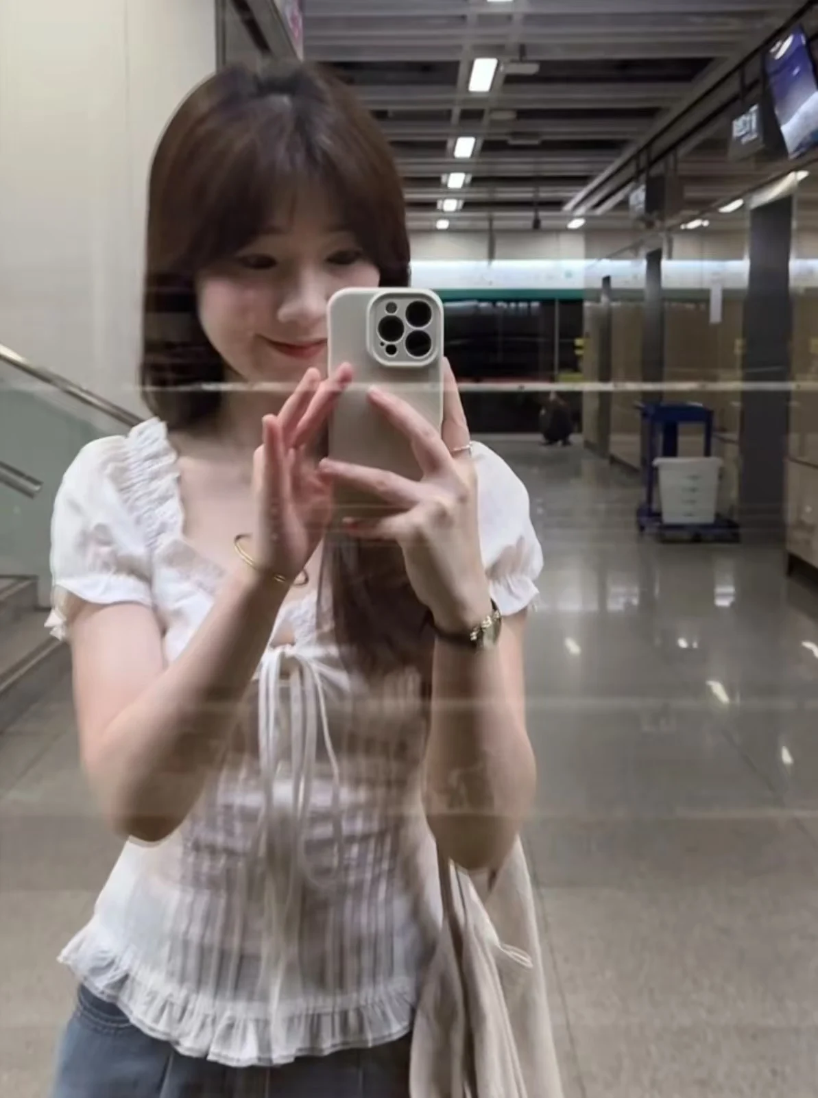 

Summer Women's Lace Trim ort Sve irt Knot Waist Cinching Bubble Sve Cotton Blend Korean Sle Slim Fit irt