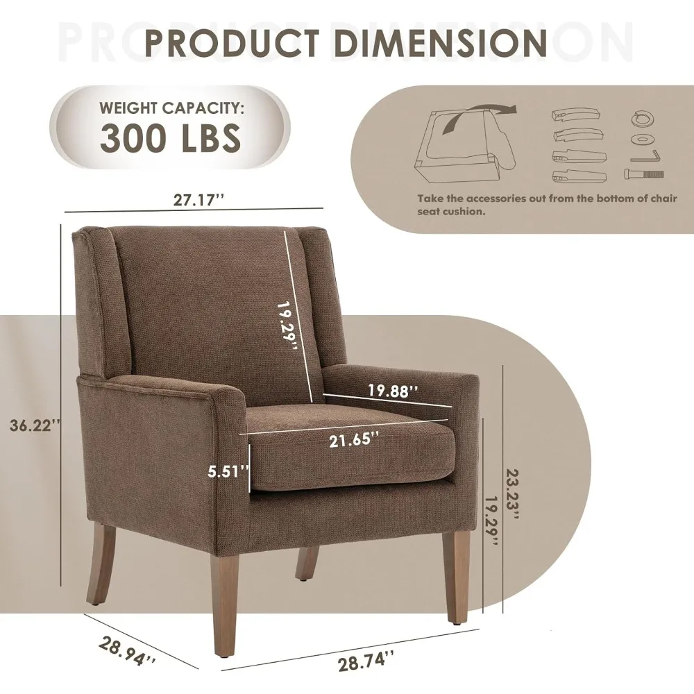 Upholstered Wingback Living Room Chair with Lounge Seat and Wood Legs for Home and Office