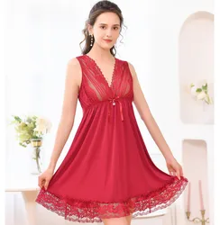 Vestido de encaje Sexy para mujer, conjunto de ropa de dormir con tirantes, camisones de gasa informales, pantalones cortos, camisón de talla grande