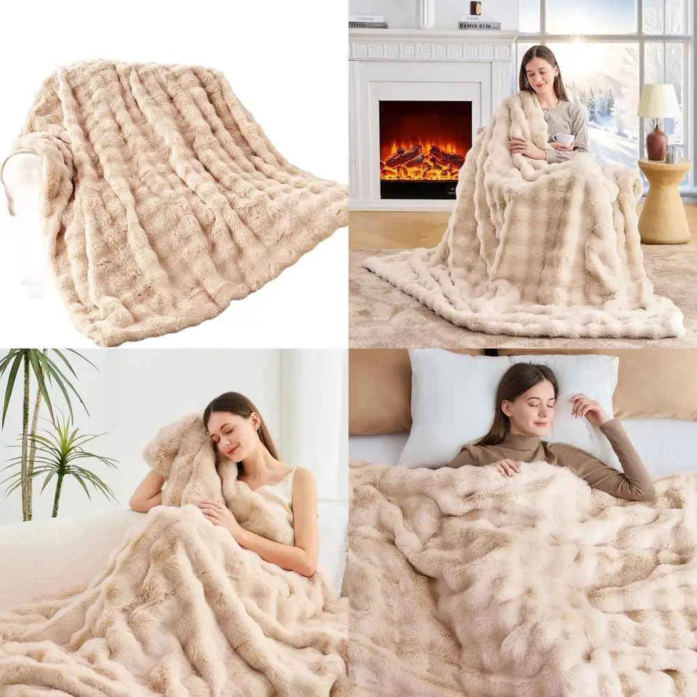

Elegant Plush Faux Rabbit Fur Blanket, Soft and Cozy Throw for Bed, Sofa, or Couch (60 x 80, Brown)