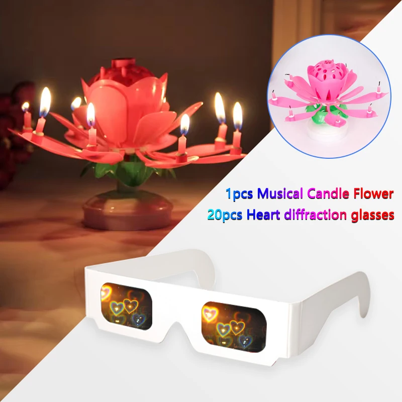 20pcs Hearts Diffraction Paper Glasses +1psc Creative Rotating Musical Birthday Candle suitable for birthday parties, carnival