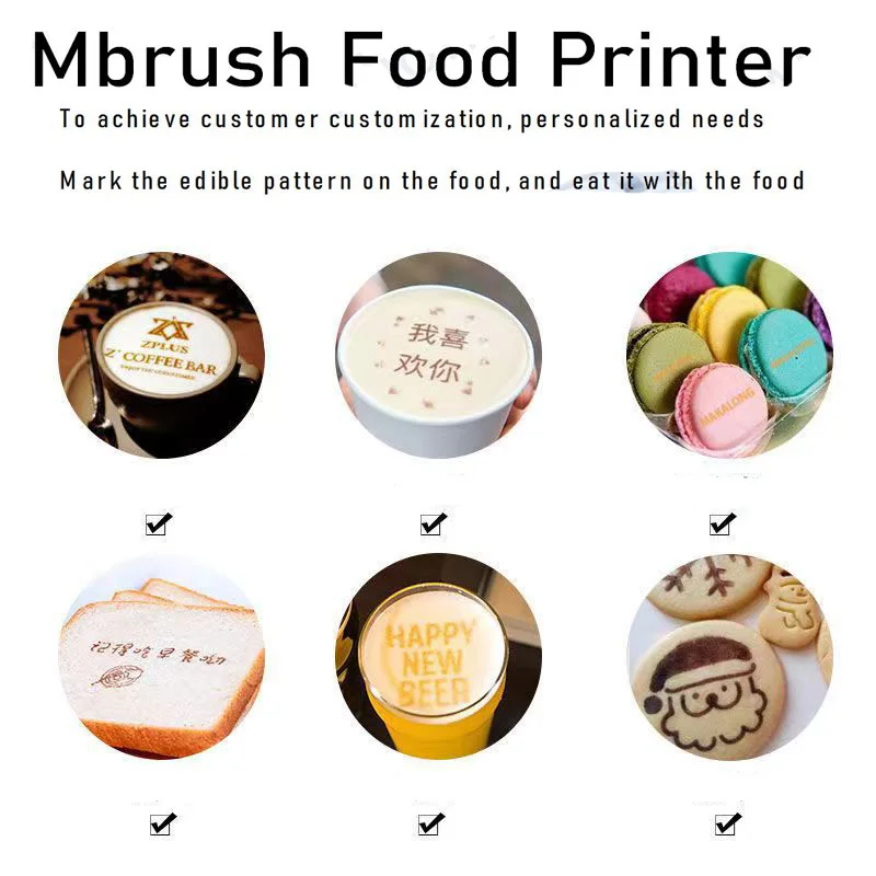 Mbrush Mini Portable Food Printer Inedible Handheld Color Inkjet Printer DIY Tattoo Edible Cake Macaron Coffee Pattern color Ink