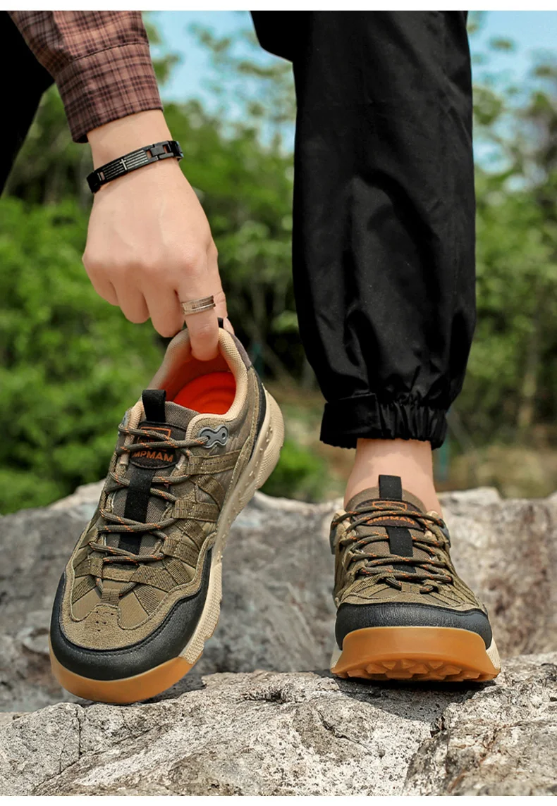 Herren Outdoor-Wanderschuhe Beige Schwarz Wildleder Mesh Patchwork Dicke Rutschfeste Sohle Trekking-Sneaker Schnürschuhe Camping Wandern – Detail 24