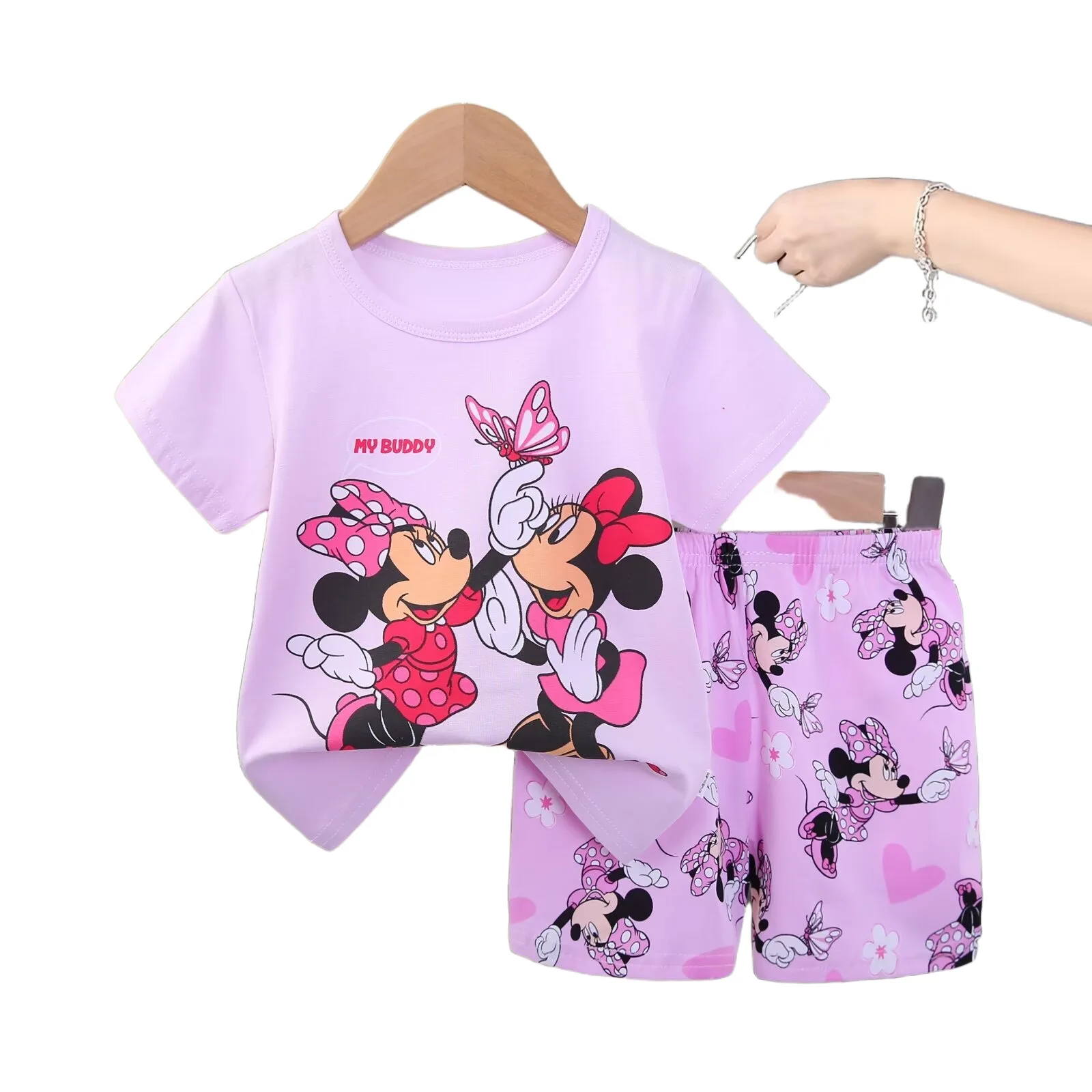 

Летняя одежда для девочек, модная одежда с принтом Минни, одежда с короткими рукавами для маленьких девочек, детская одежда, новый милый костюм