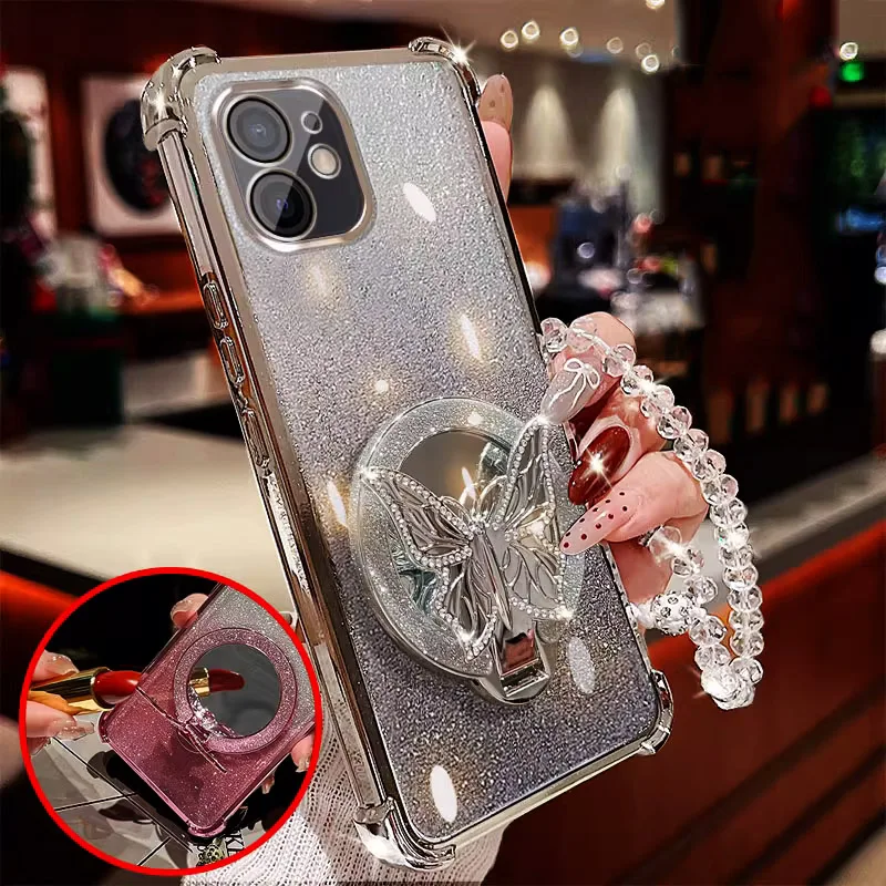 Mirror Butterfly Folding Stand Bracelet Phone Case For Funda OPPO A5 Pro A5X A3 A80 A60 A40 A18 A38 A98 A58 A78 Shockproof Cover