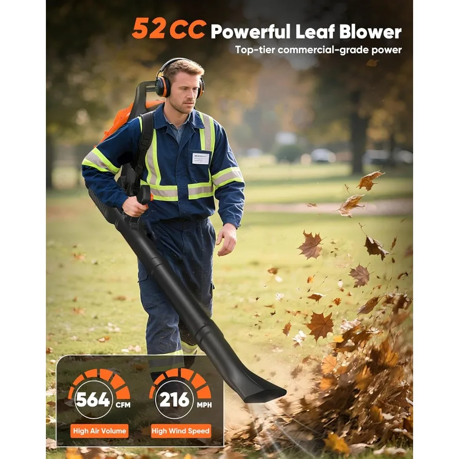 حقيبة ظهر منفاخ أوراق الغاز 52cc مع 564 CFM و216 MPH أداء نظام تسخير مريح لتشغيل مريح منخفض فيبرا