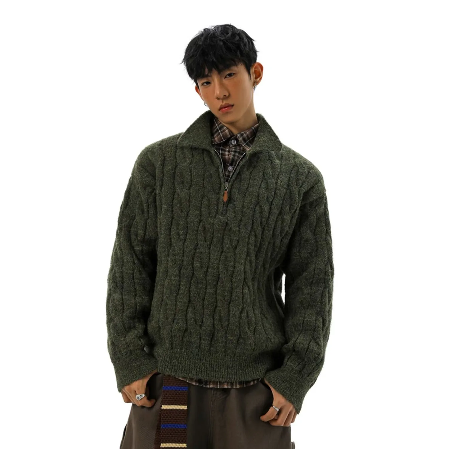 

Casual Knitted Sweater Men's Trendy Brand Lazy Leisure Base irt Collar Design Versatile Sweater f Zipper Vintage Twist