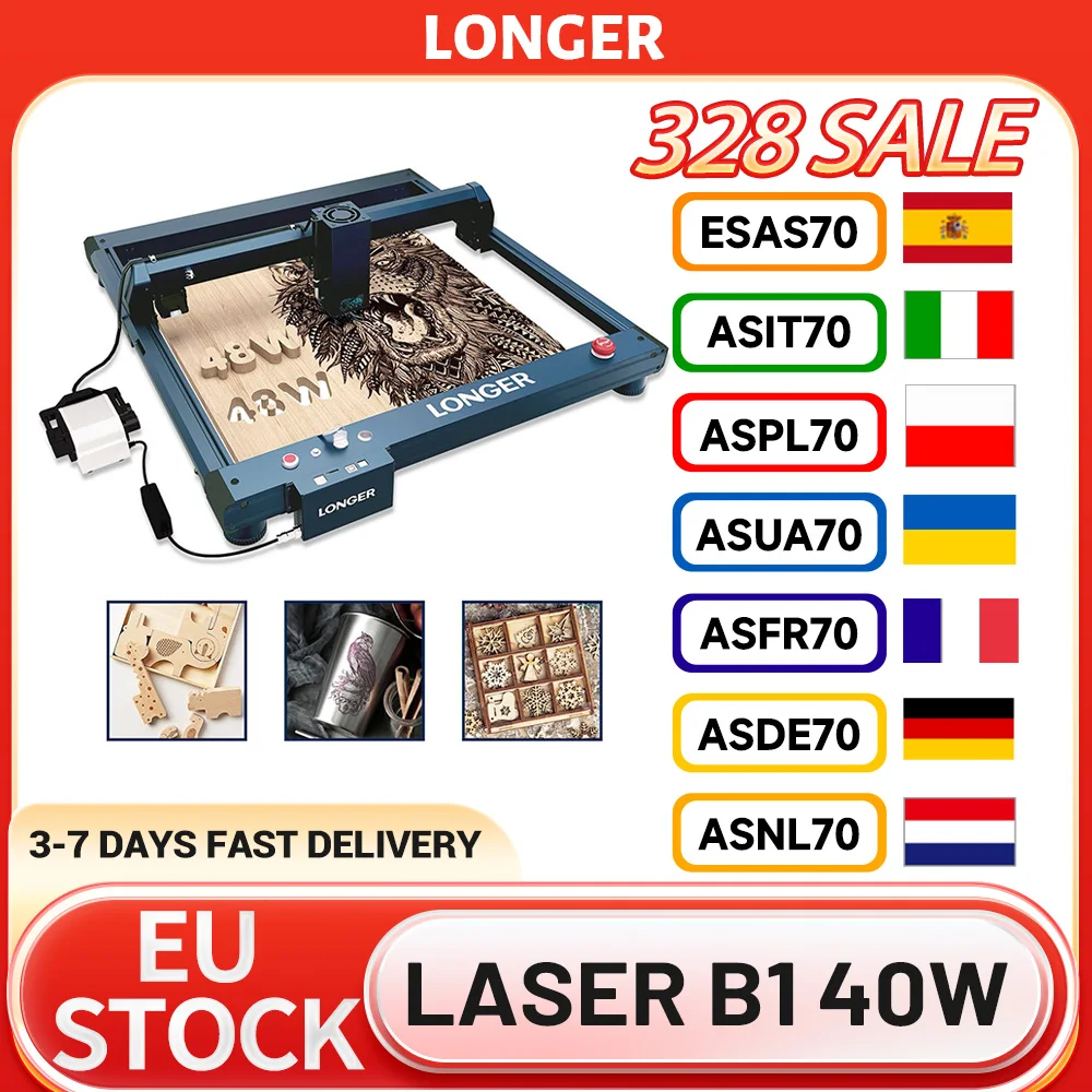 LONGER Laser B1 Découpeur Laser 40W avec Système d'Assistance Pneumatique, Point Laser 0.10x0.15mm, 36000mm/min, Protection de Lentille 450x440mm