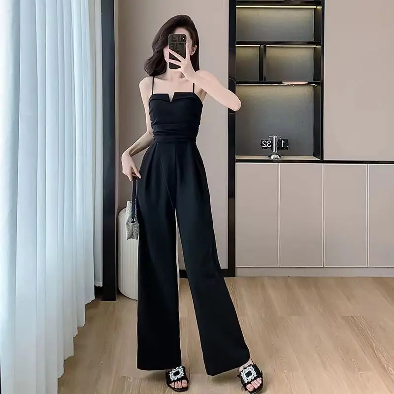 2024 Spring Summer New Petite Waist Cinching High Camisole Straight Leg Jumpsuit For Women Wide Leg Casual Pants Sling Romper