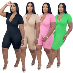 Summer Plus Size Ladies Solid Color Zipper Jumpsuits Sports Bodycon Bodysuit Short Sleeves V Neck High Stretchy Women Rompers