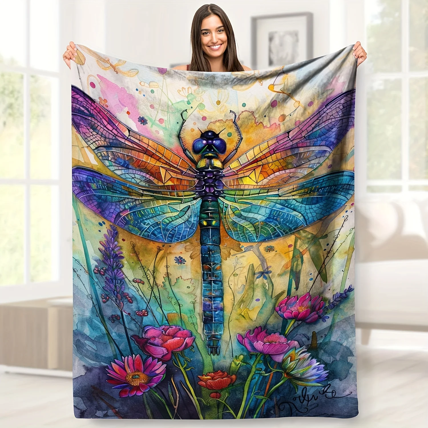 Colorful Dragonfly Pattern Soft Flannel Fleece Throw Blanket, Tropical Style Knitted Polyester Sofa Blanket with Floral Animal T