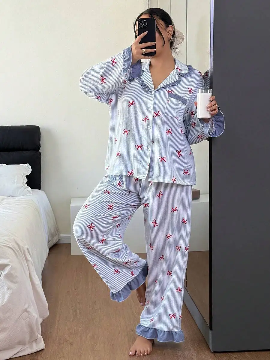 Women Striped Bow Print Ruffle Trim Long Sleeve Pajama Set Open Front Collar Sleepwear
