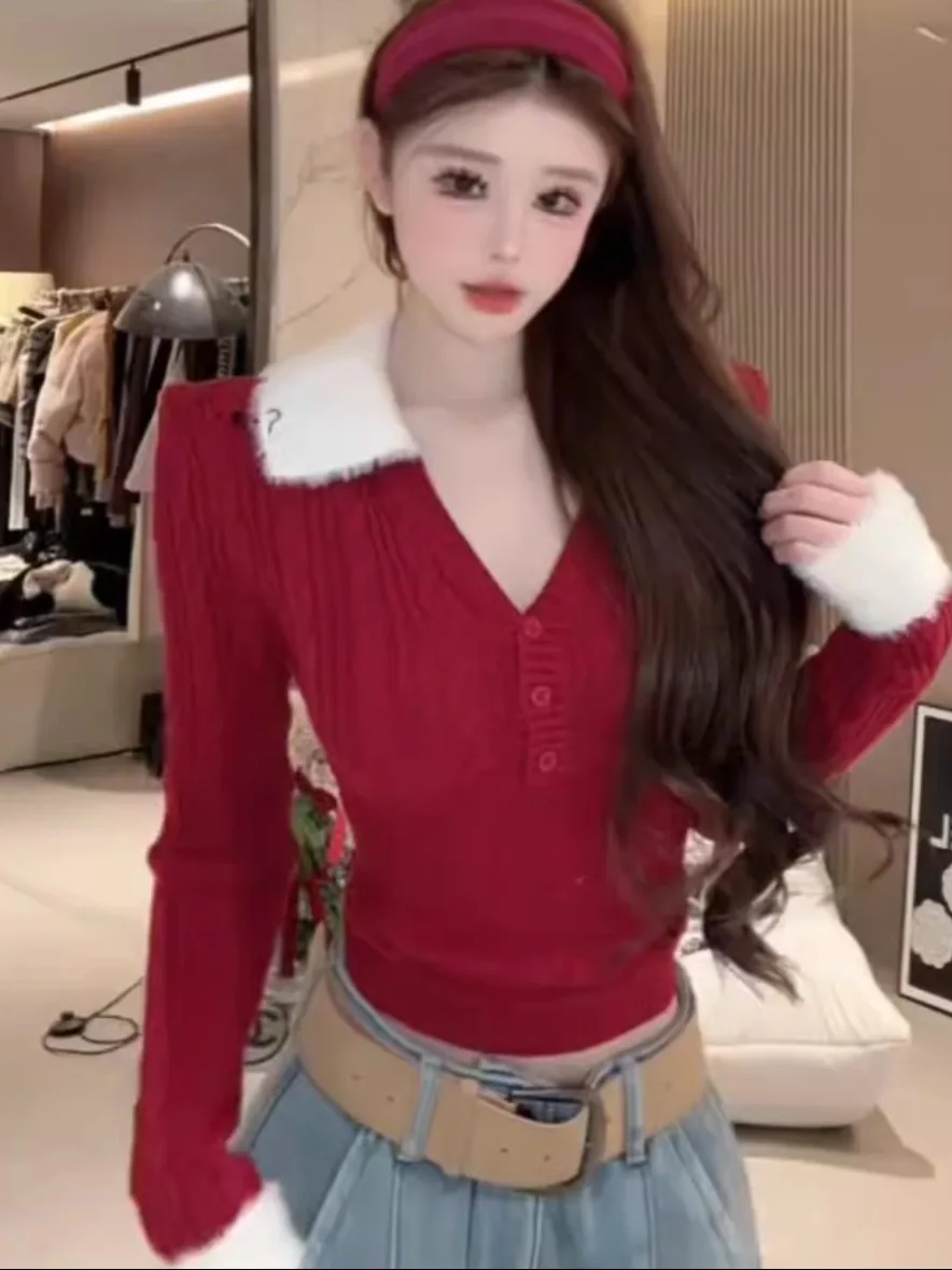 Korean Sle Long Sve Knitted Sweater Women's Autumn Winter Red Belted Flap Collar ort Top Warm Comfortable Daily Wear