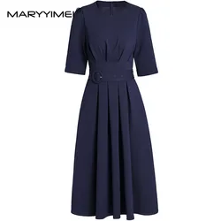 MARYYIMEI Fashion Women's New Round Neck Half Sleeved Pleated Vintage Elegant High Quality Pretty Shaggy Office Lady MIDI Dress