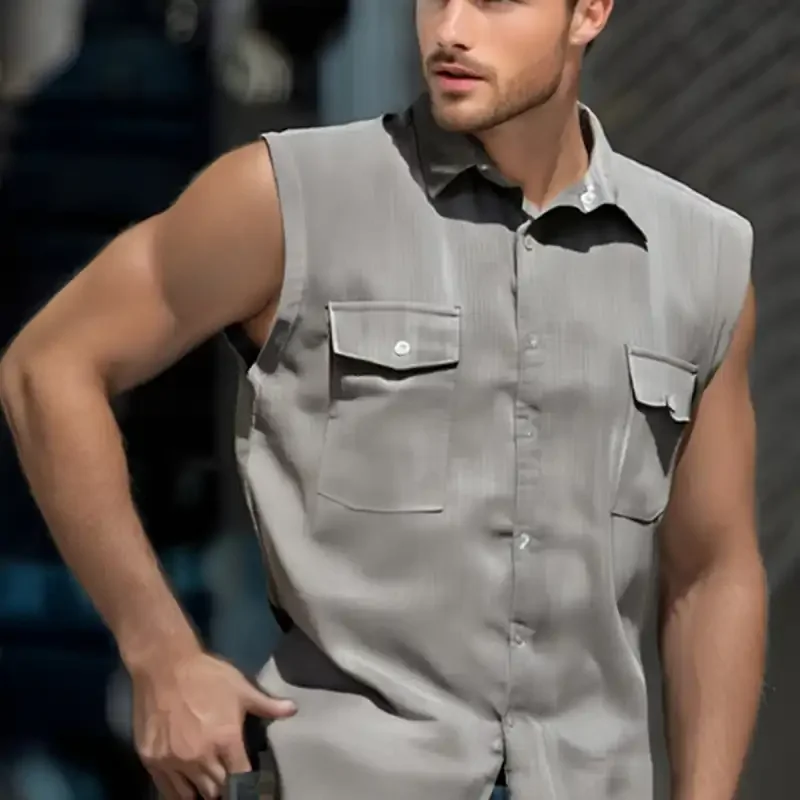 Men Sleeveless Button Down Shirt Solid Color Casual Wear Summer Fashion Street Style Top
