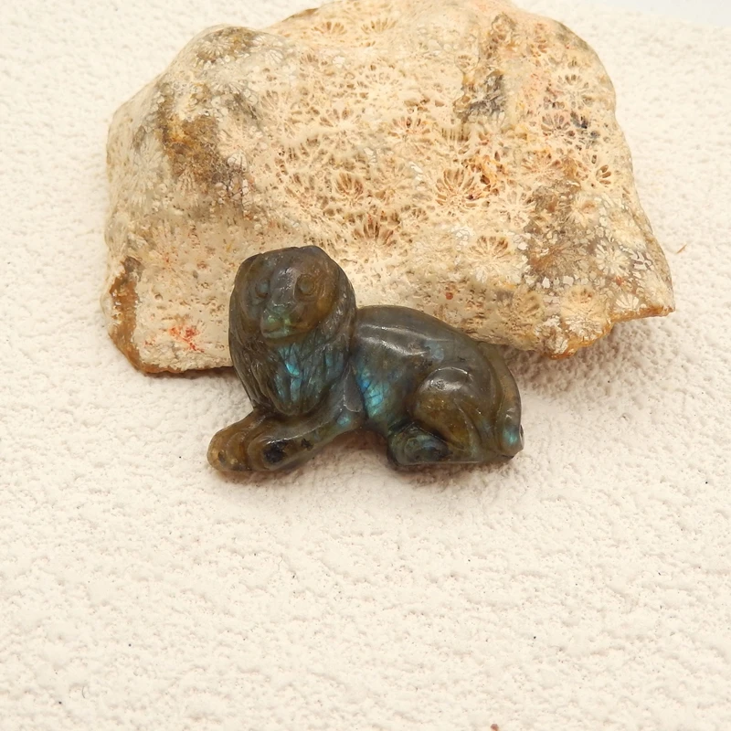 

Handcarved Lion Cabochon Natural Labradorite Pendant Beads 24x24x12mm 11.47g Unique Carved Stone Jewelry Accessory