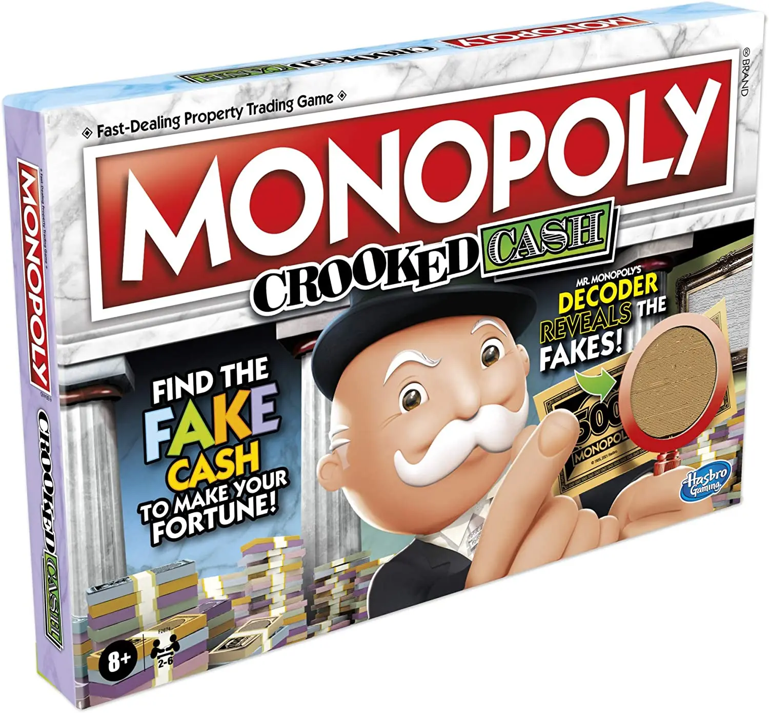 Hasbro MONOPOLY Crooked Cash Board Game for Families and Kids Ages 8 and Up, Includes Mr Decoder to Find Fakes F2674