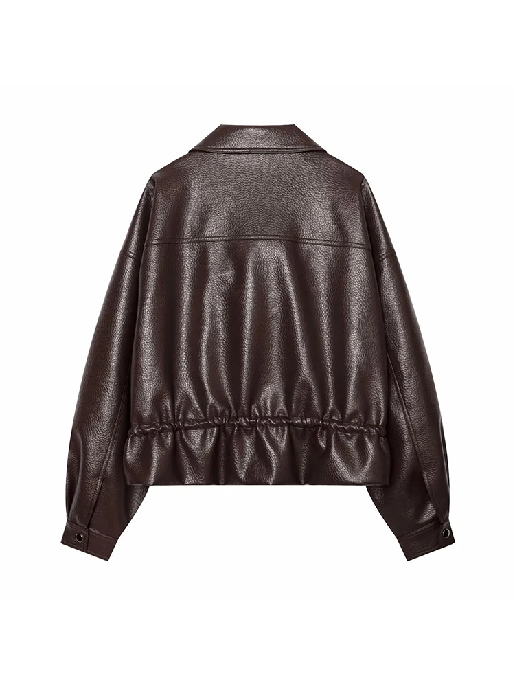 Women Faux Leather Lapel Collar Jacket Vintage Women  Long Sleeve With Pockets Zipper Coats Casual Fashion Female Outerwear