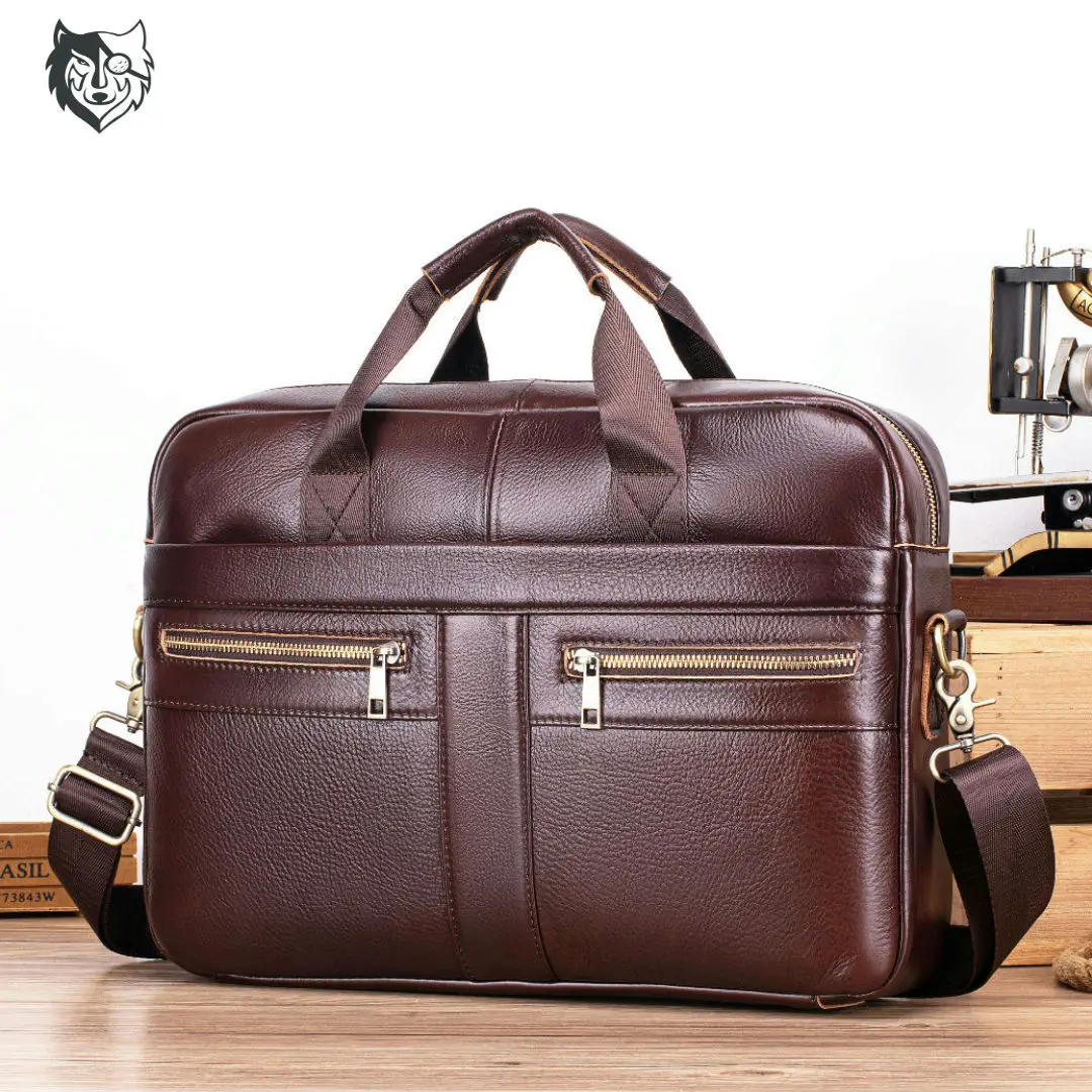 Genuine leather men's business briefcase with multiple pockets, 14-inch computer storage, single-shoulder crossbody bag
