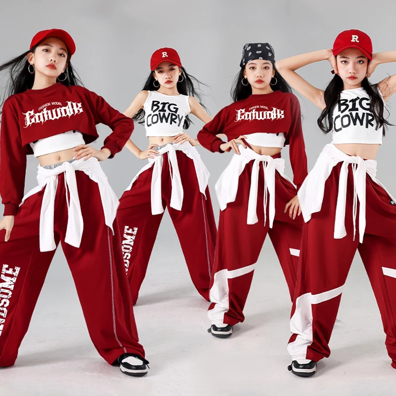 힙합 소녀 패션 의류, 어린이 케이팝 무대 코스튬, 레드 앤 화이트 재즈 댄스 의류, 스트리트 댄스복, 셔플 바지, AMY1372