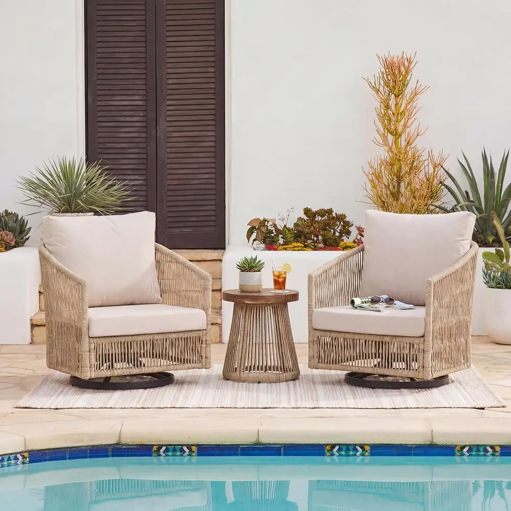 

3-Piece Outdoor Wicker Patio Furniture Set with Swivel Chairs and Natural Wood Top Coffee Table