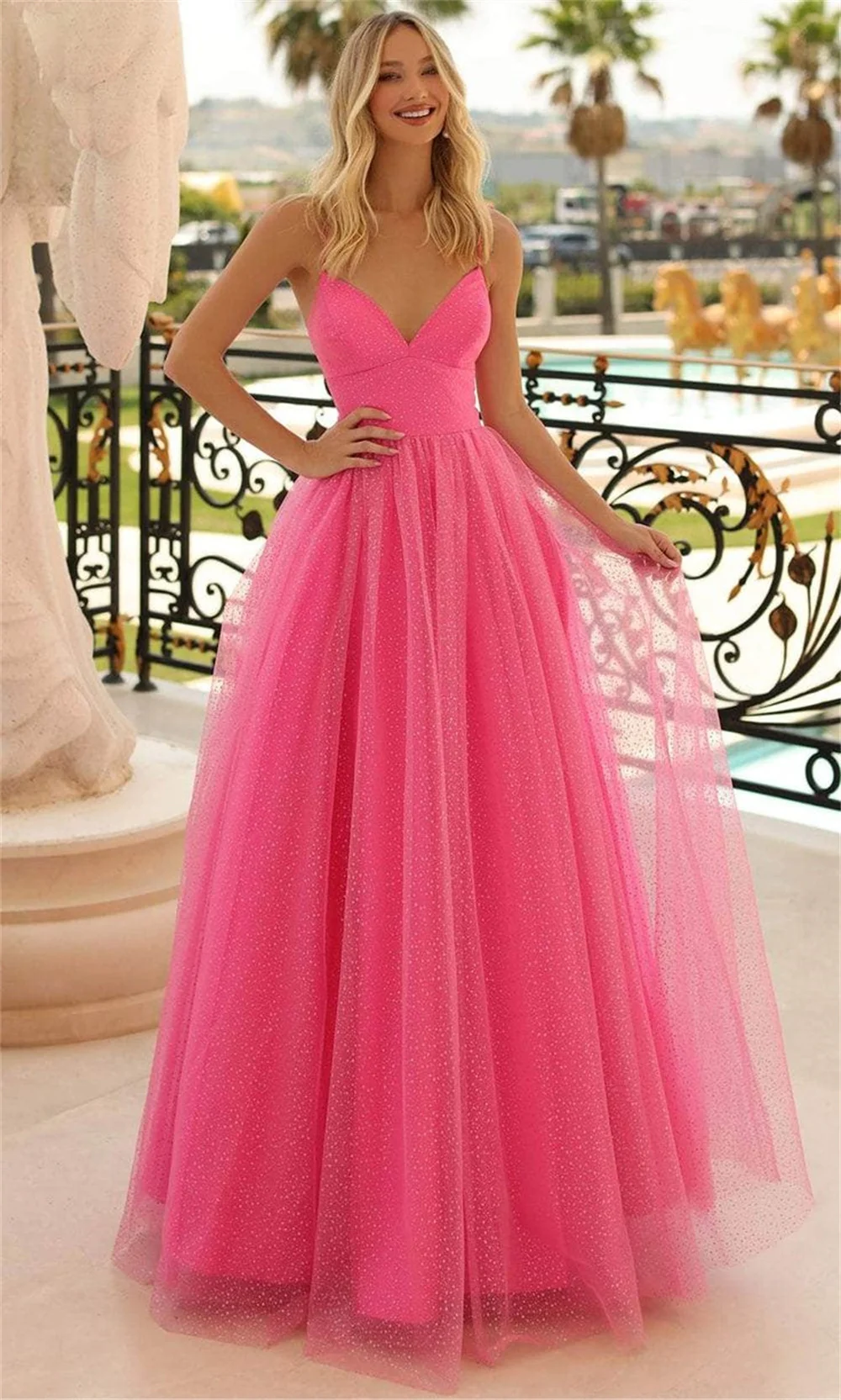 Amanda Pink Tulle vestidos de noche Spaghetti Strap  V-Neck A-line Prom Dresses Elegant Sleeveless Ankle-Length Formal Evening