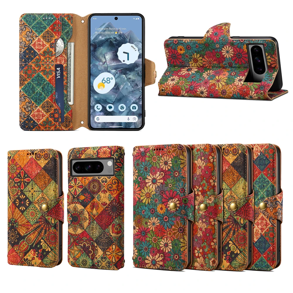 Capa floral retrô com padrão de flor, suporte para cartão, carteira flip, capa de telefone para google pixel 9 pro xl 8 pro 8a 6 pro 6a 7 pro 7a