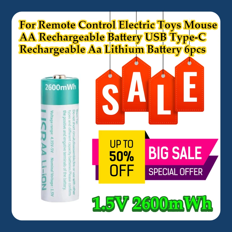 

For Remote Control Electric Toys Mouse 1.5V 2600mWh AA Rechargeable Battery USB Type-C Rechargeable Aa Lithium Battery 6pcs