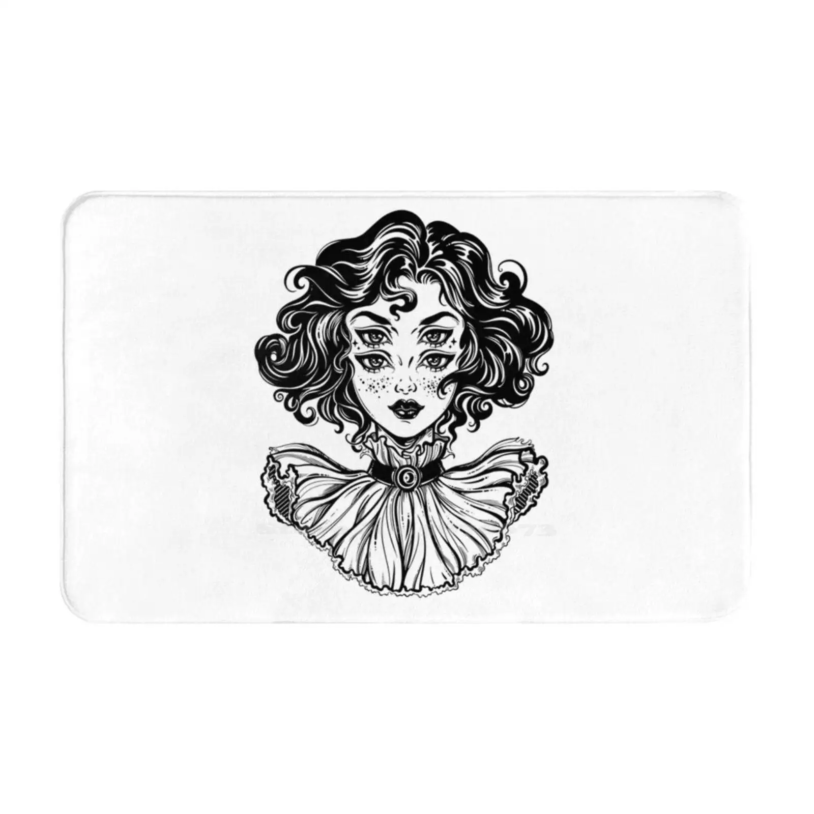 Gothic Witch Girl Head Portrait With Curly Hair And Four Eyes. Soft Cushion Car Home Carpet Door Mat Alchemy Background