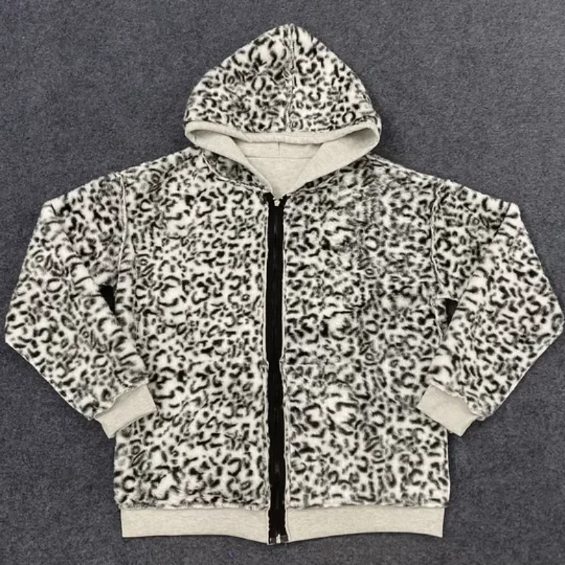 العصرية الشتاء الوجهين يمكن ارتداؤها الرجعية ليوبارد طباعة سترة قلنسوة بسحاب فضفاض الترفيه ملابس خارجية الرجال الملابس النسائية #3