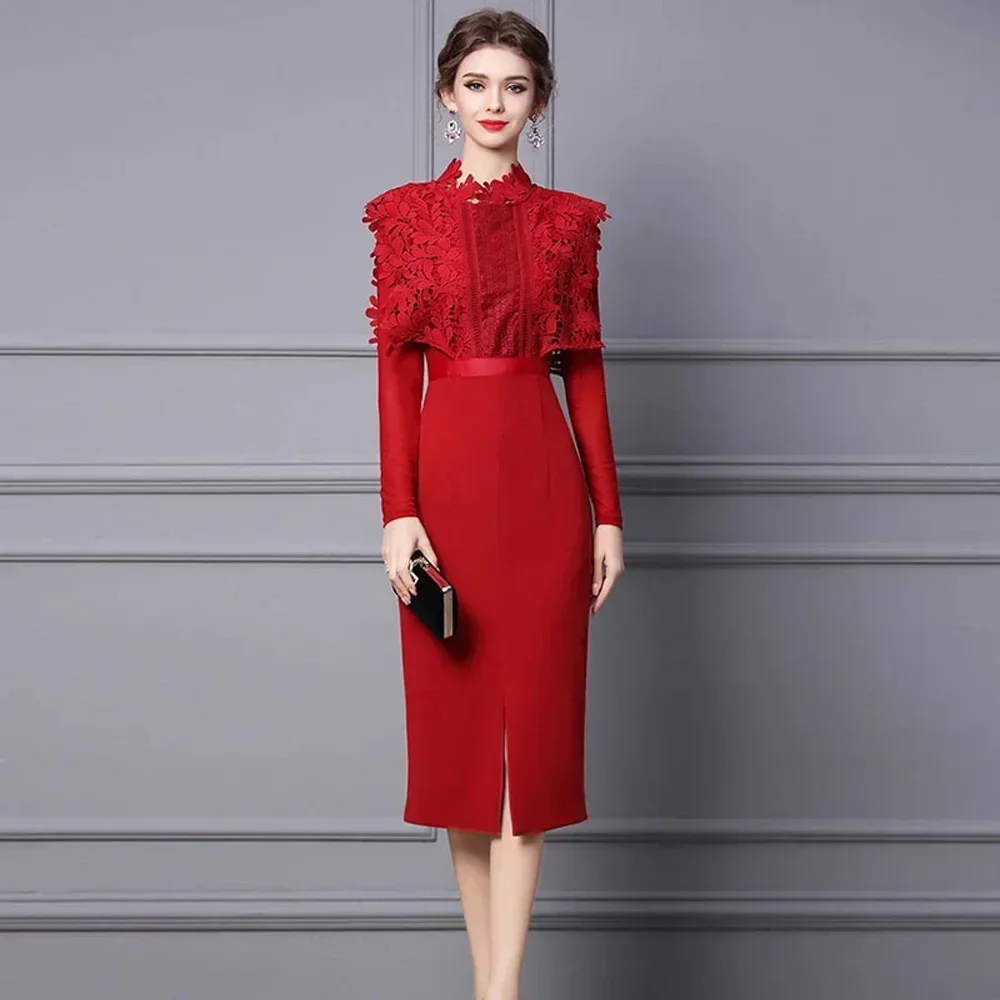 Customized New Autumn Midi A Line Evening Party Prom Dresses 2024 Elegant Hollow Lace Patchwork Dress Red Formal Vestidos For Wo