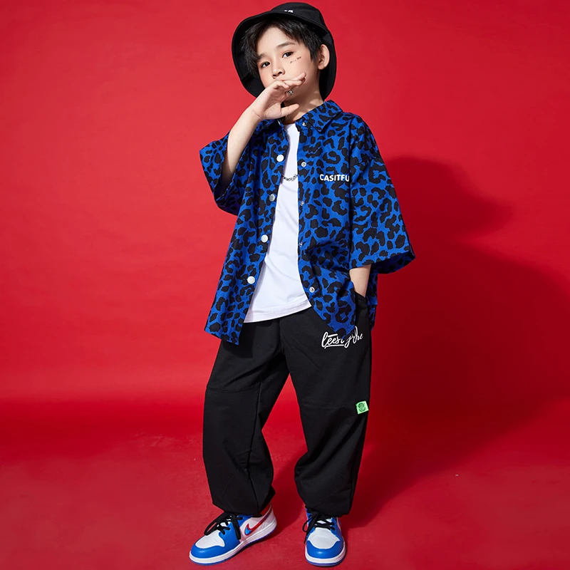 Kids Hiphop Kleding Blauw Print Oversized Luipaard Shirt Top Streetwear Joggingbroek Voor Meisjes Jongen Dans Kostuums Kleding