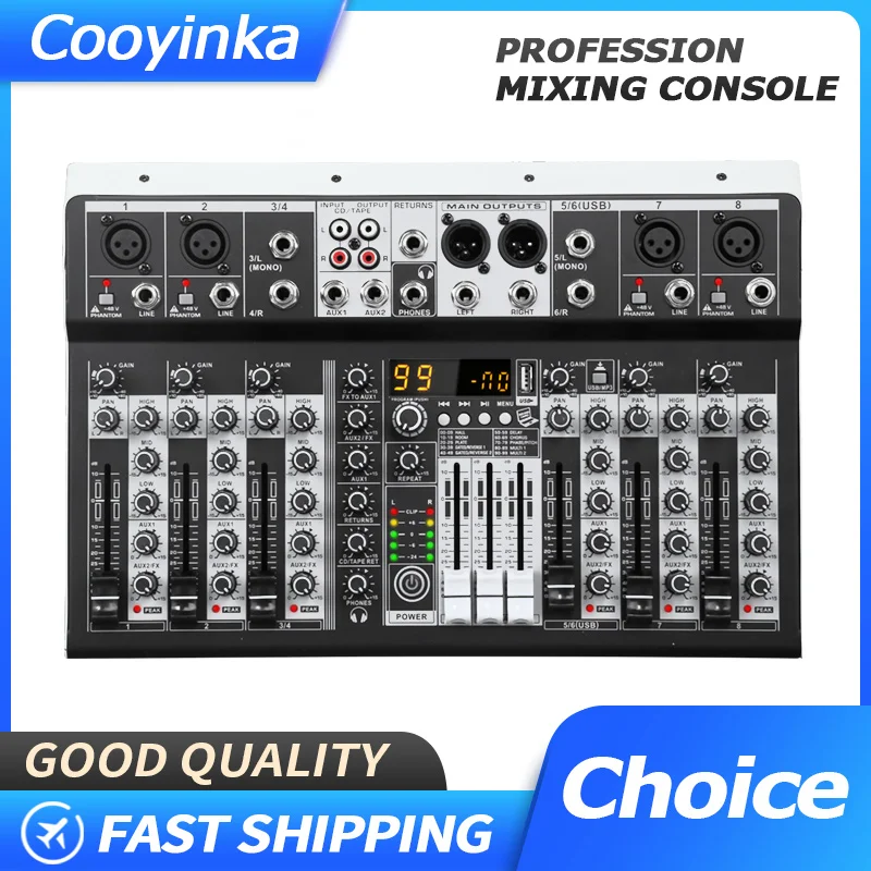 Mezclador de Audio KP8 de 8 Canales, 99 Efectos DSP, Grabación para PC, Alimentación Phantom de 48V, USB, Bluetooth, Consola de DJ para Karaoke