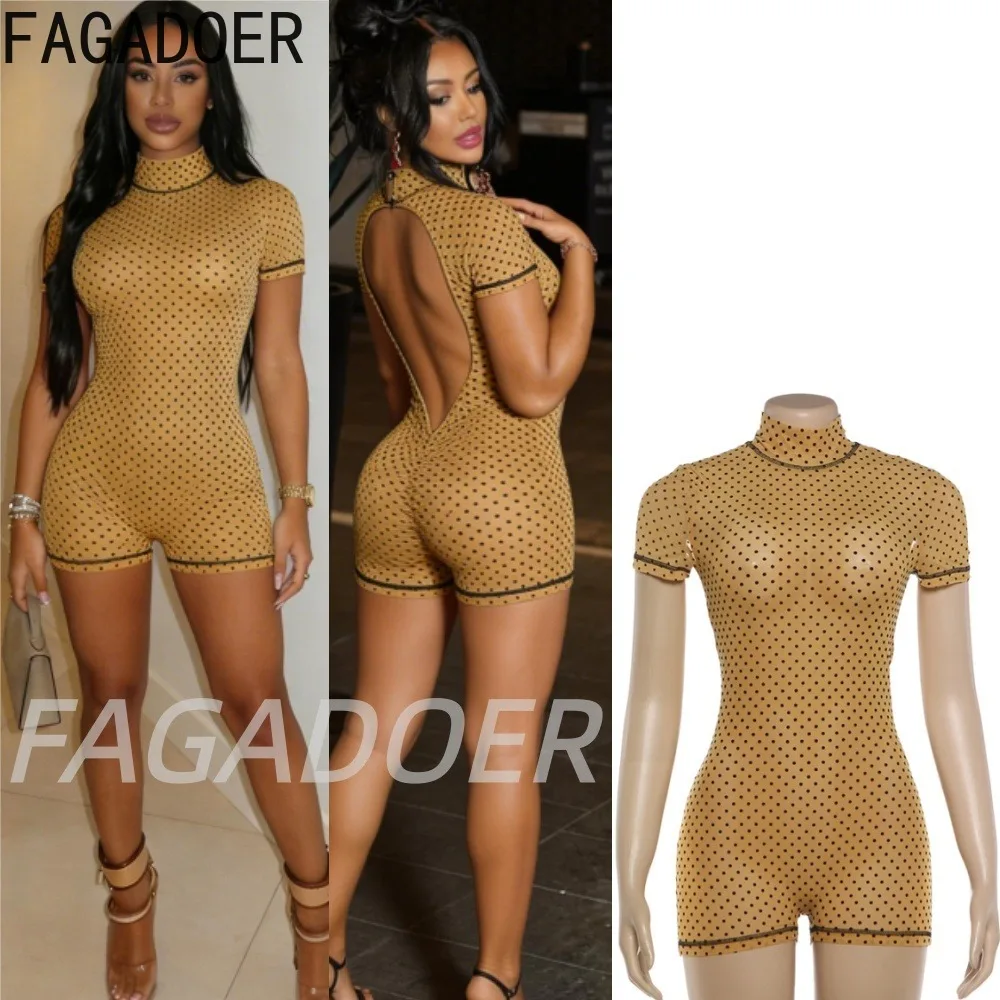 

FAGADOER Khaki Polka Dot Bodycon Shorts Romper Women Stand Collar Back Hollow Out Skinny Jumpsuits Mesh See Through Playsuit