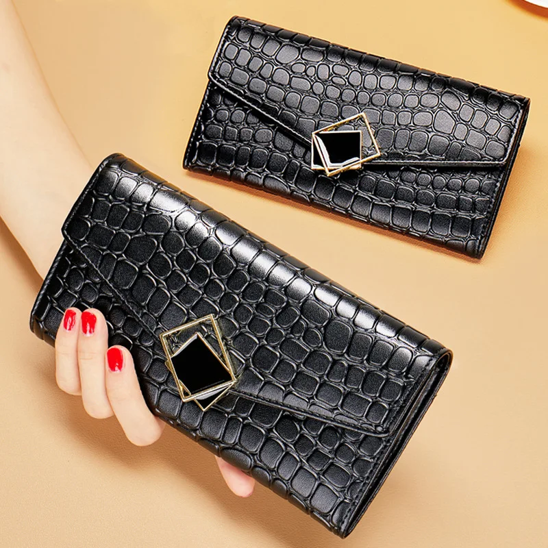 

Genuine leather wallet women's long new pure cowhide large-capacity put mobile phone clutch multi-card position black classic