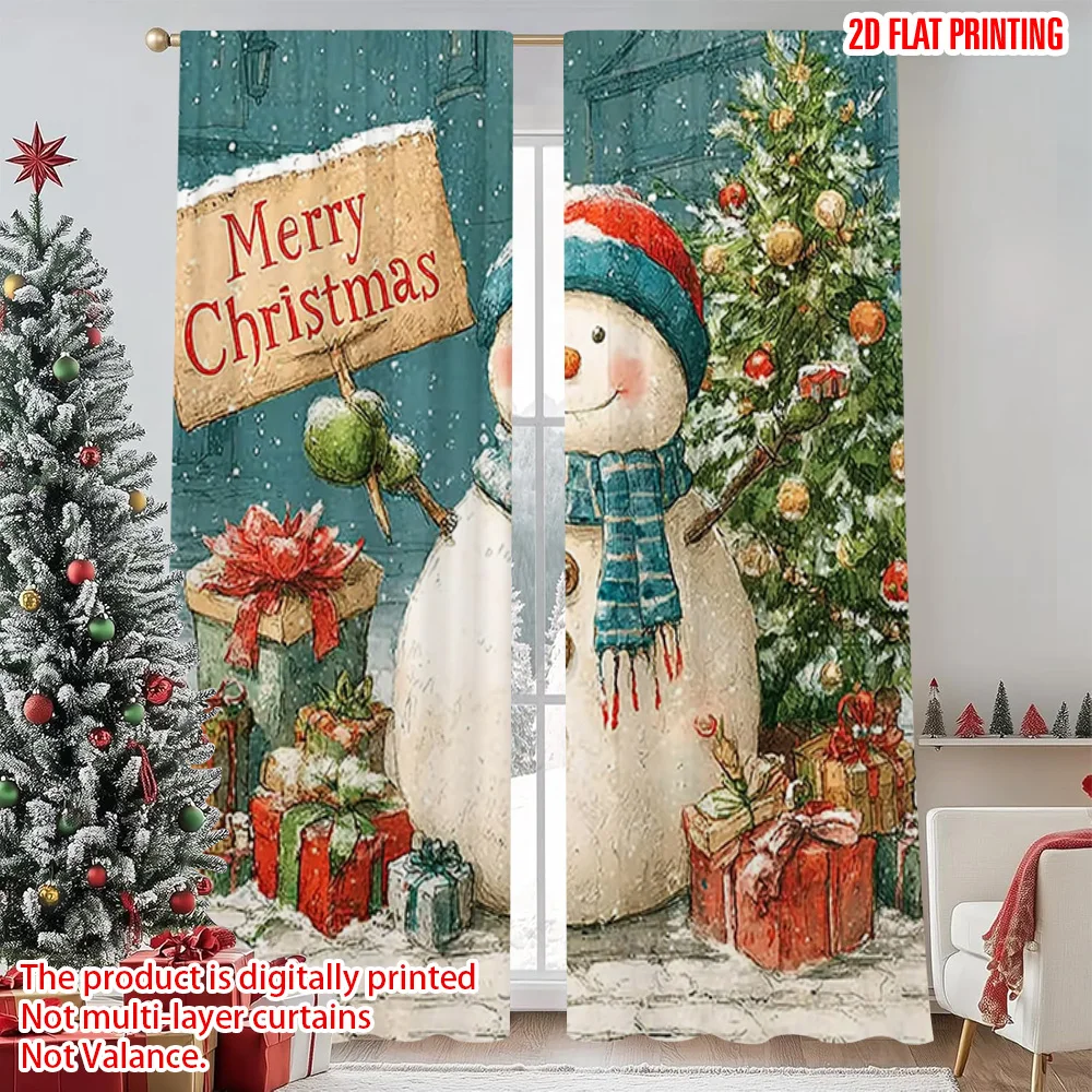 

2pcs 2D flat printing Merry Christmas Popular Curtain Christmas Snowman Versatile Fabric Without Electricity Versatile Perfect