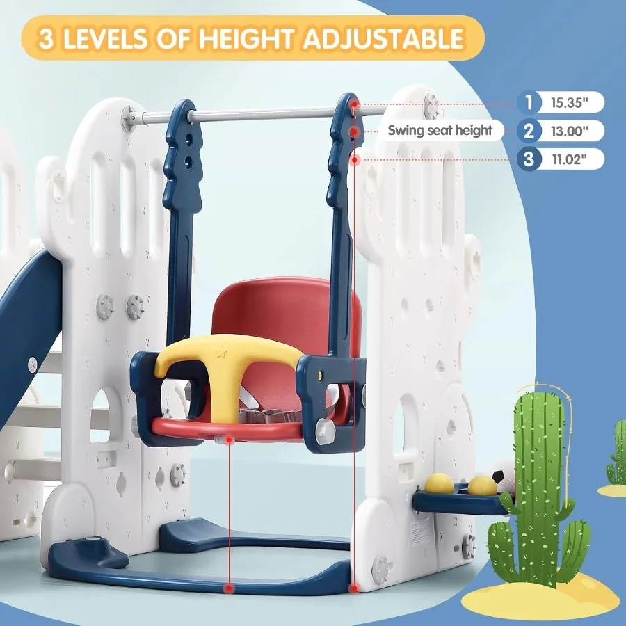 7in1 Indoor Slide en Swing Set Vrijstaande Peuter Slide Climber Speelset voor met Verstelbare Schommel Basketbalring Voetbal Gol