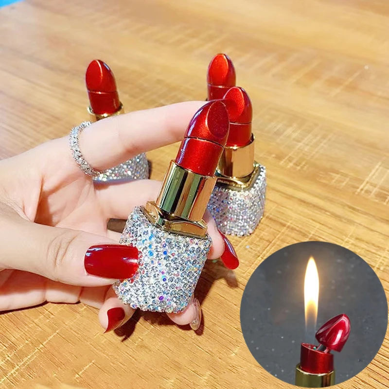 Luxury Diamond Lipstick Inflatable Lighter Butane Gas Pink Water Diamond Portable Lighter High end Creative Women\'s Gift