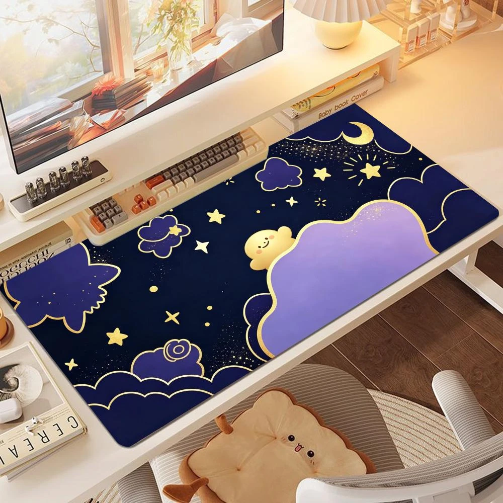 Purple Starry Sky Cloud Moon Large Mouse Pad Night Sky Star Pattern Desk Mat, Non‑Slip Rubber Base Stitched Edge