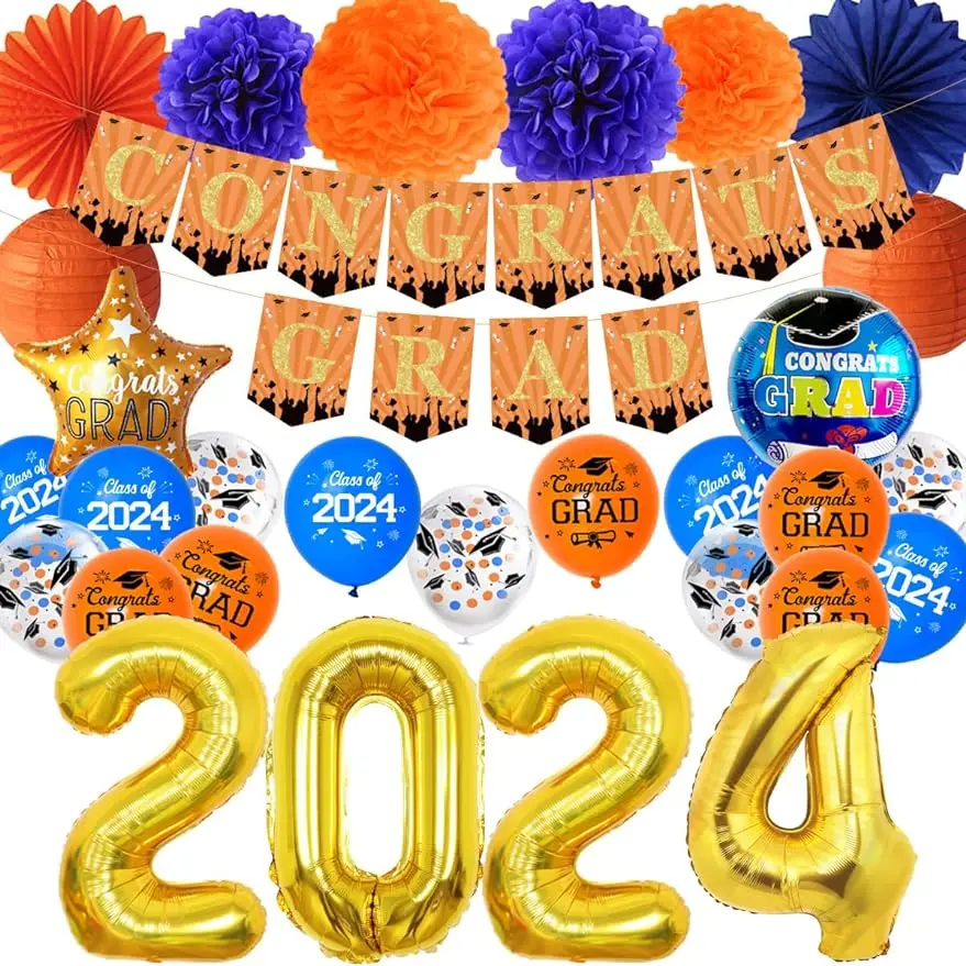 

JOYMEMO 2024 Graduation Decorations Orange Blue, Congrats Grad Banner 2024 Gold Foil Balloons Paper Fans Lanterns Class of 2024